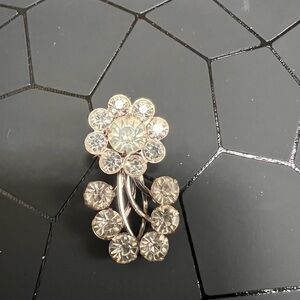 Mid Century Vintage Flower Brooch with Rhinestones Silver Tone